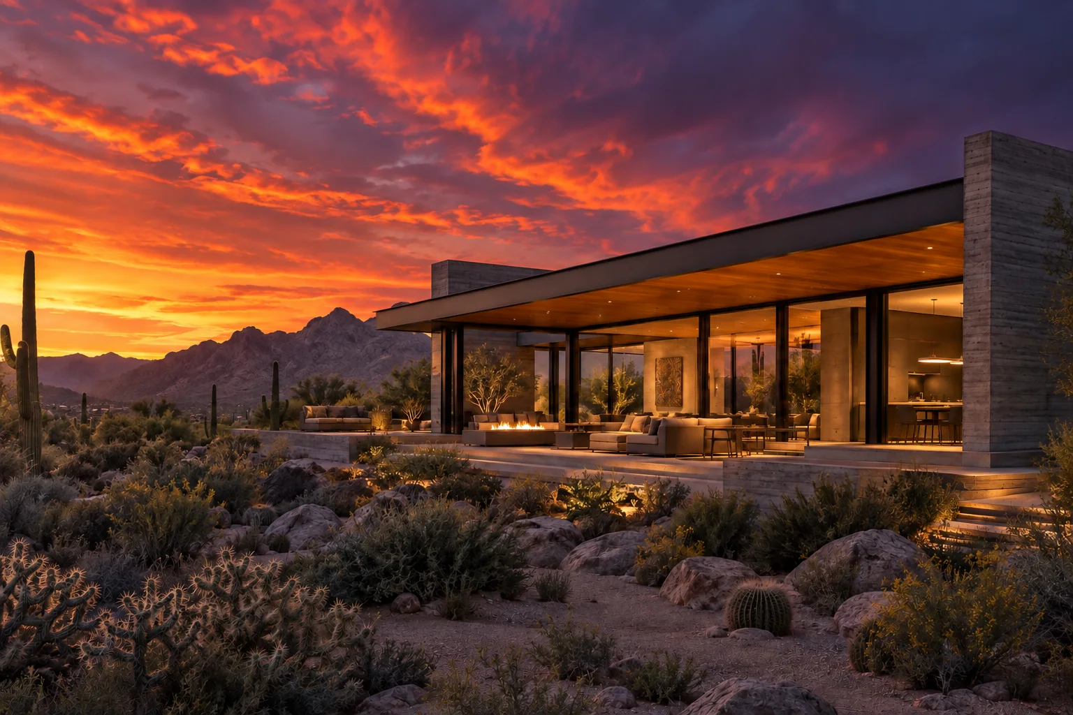 A modern steel, concrete and cedar home in the Sonoran Desert beneath a fiery Arizona sunset