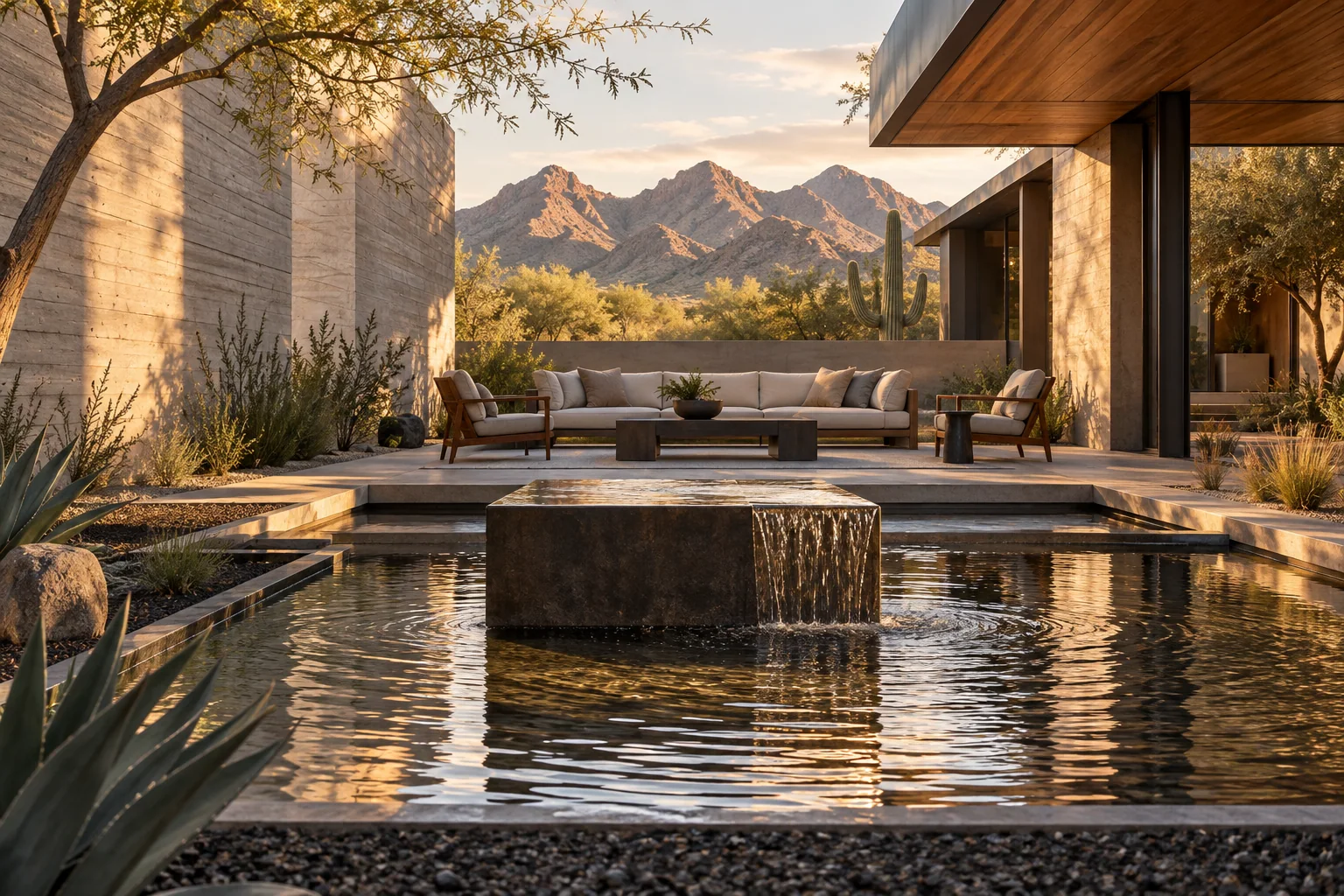Design inspiration: a low stone fountain spilling into a reflecting pond beside shaded courtyard seating, concrete walls, and warm wood